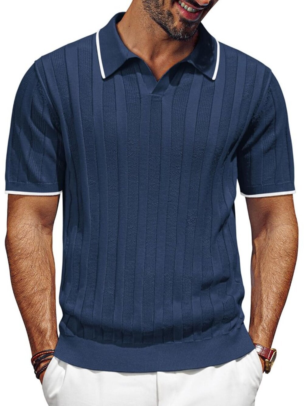 Men's Navy Blue Button Polo Shirts Regular Fit Textured V-Neck Imported Golf